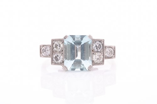 Lot 26 - A platinum, diamond, and aquamarine ring, set...
