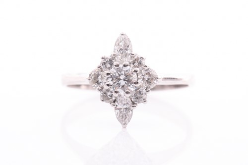 Lot 190 - An 18ct white gold and diamond cluster ring,...