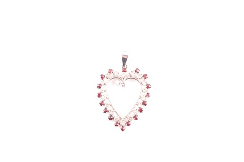 Lot 94 - A diamond and garnet open heart-shaped pendant;...