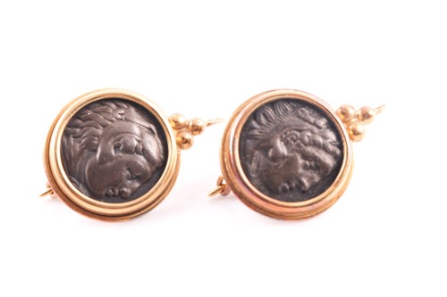 Lot 186 - A pair of yellow metal and coin earrings, set...