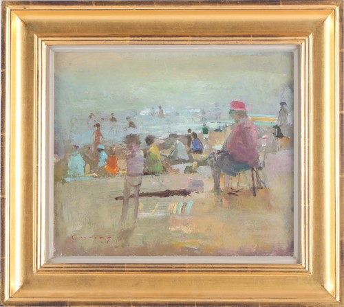 Lot 34 - Fred Cuming RA (b.1930), 'Figures on a Beach',...