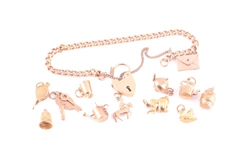 Lot 116 - A rose coloured metal curb-link charm bracelet...