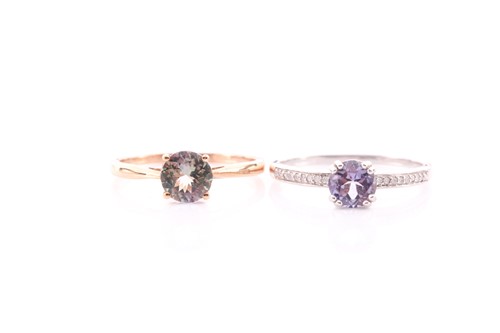 Lot 270 - A 9ct white gold and blue stone ring, possibly...