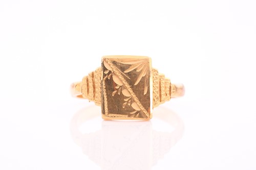 Lot 200 - A yellow metal signet ring, with rectangular...