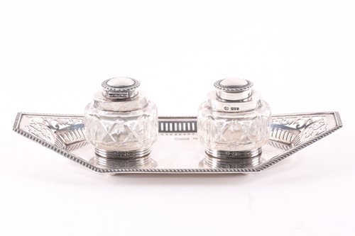 Lot 378 - An Edwardian silver two bottle inkstand....