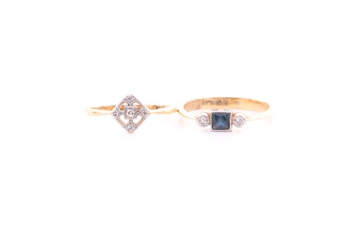 Lot 366 - A three stone half hoop sapphire and diamond...