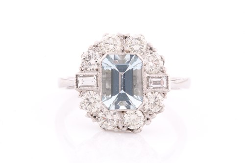 Lot 31 - A platinum, diamond, and aquamarine ring, set...