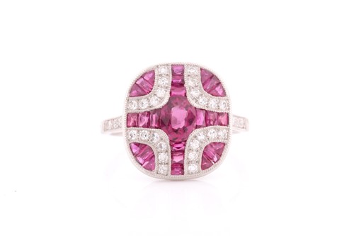 Lot 211 - A platinum, diamond, and ruby ring, the...