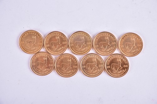 Lot 218 - South Africa, nine 1/10 Krugerrand, 1980