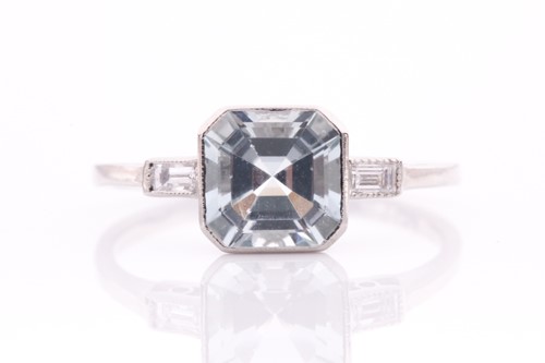 Lot 230 - A platinum, diamond, and aquamarine ring, set...