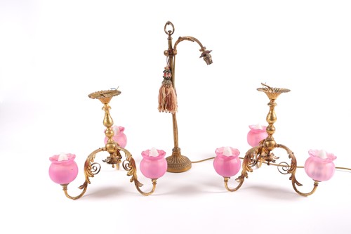 Lot 226 - A pair of gilt brass ceiling lamps, with three...