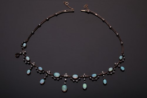 Lot 422 - An Edwardian opal and diamond fringe necklace,...