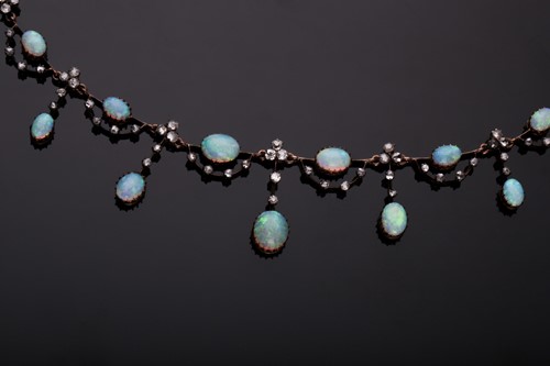 Lot 422 - An Edwardian opal and diamond fringe necklace,...