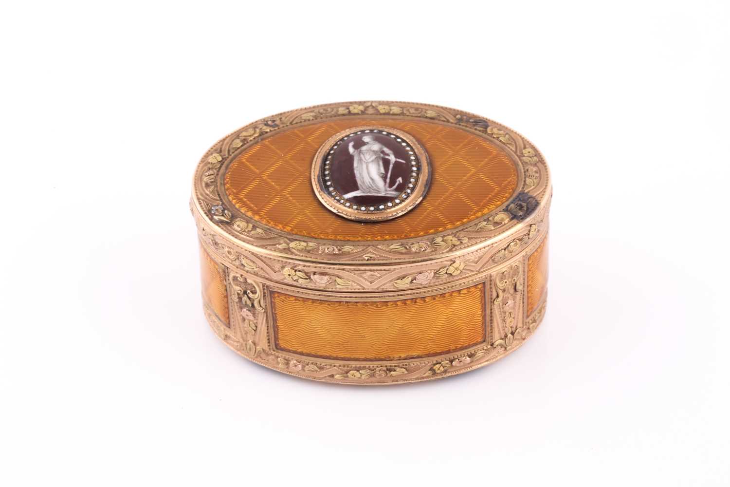 Lot 518 - German gold and enamel oval snuff box,...