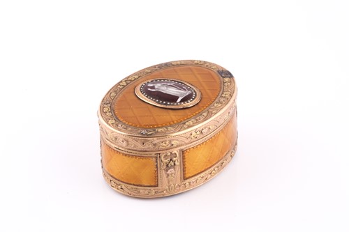 Lot 518 - German gold and enamel oval snuff box,...