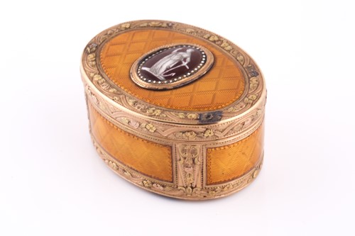 Lot 518 - German gold and enamel oval snuff box,...