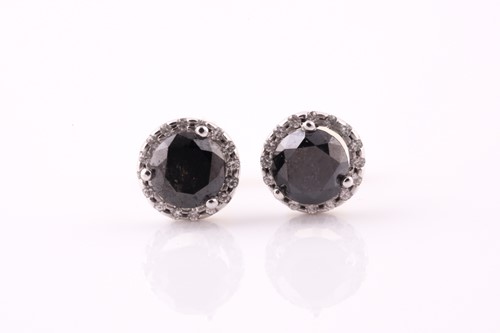 Lot 204 - A pair of black diamond and diamond cluster...