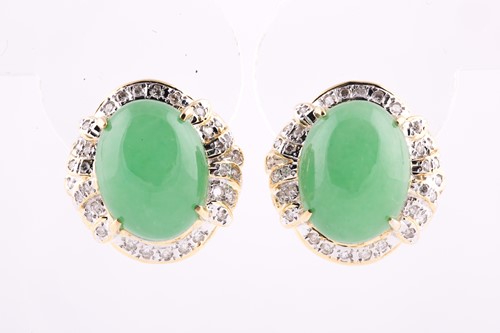 Lot 194 - A pair of 18k yellow gold, jade, and diamond...