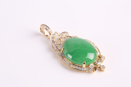 Lot 48 - A yellow metal, diamond, and jade pendant, set...