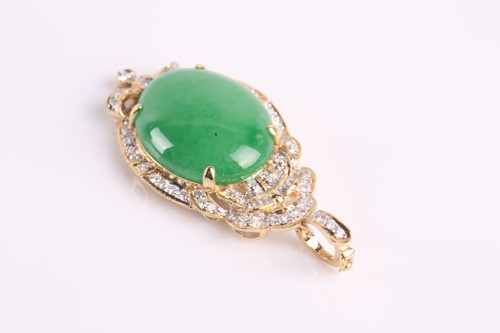 Lot 48 - A yellow metal, diamond, and jade pendant, set...