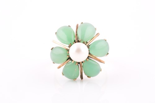 Lot 268 - A 14k yellow gold, pearl, and green hardstone...