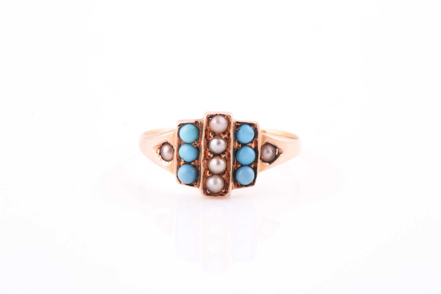 Lot 70 - An 18ct yellow gold, pearl, and turquoise ring,...
