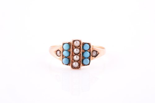 Lot 70 - An 18ct yellow gold, pearl, and turquoise ring,...