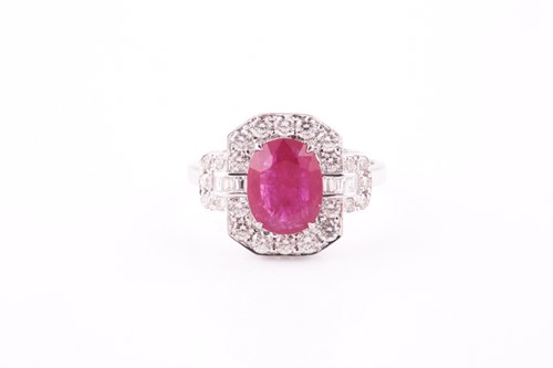Lot 218 - An 18ct white gold, diamond, and ruby cocktail...