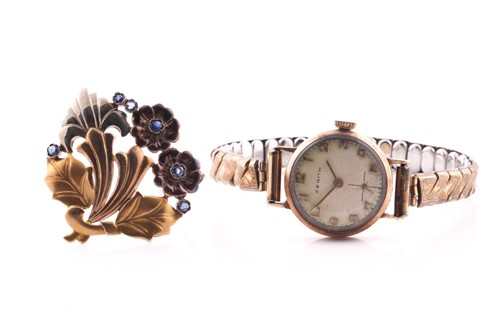 Lot 432 - A yellow and white metal floral brooch, set...