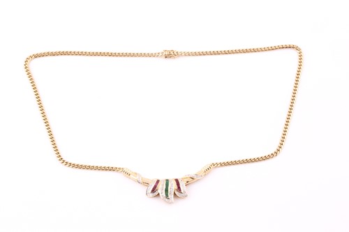 Lot 37 - An emerald, ruby, and diamond triple leaf...