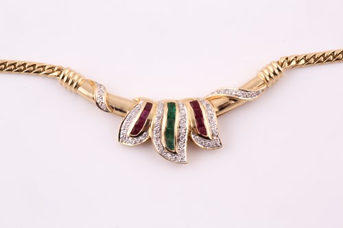 Lot 37 - An emerald, ruby, and diamond triple leaf...