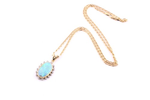 Lot 113 - An 18ct yellow gold, opal and diamond pendant,...