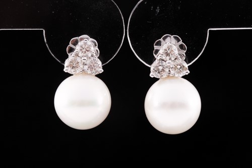 Lot 222 - A pair of diamond and South Sea peal earrings,...