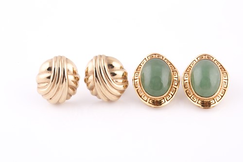 Lot 257 - A pair of 18ct yellow gold and jade earrings,...