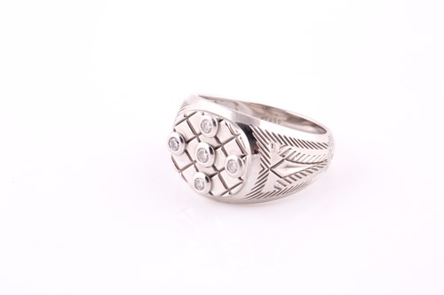 Lot 400 - A five stone diamond and platinum ring; the...