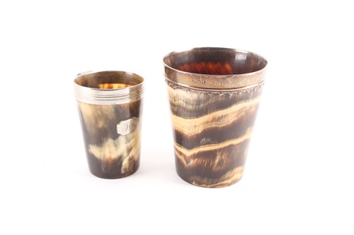 Lot 202 - A George III horn beaker, with silver rim,...
