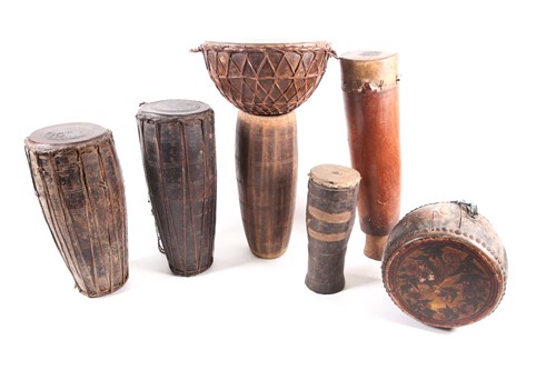 Lot 181 - Two Indian Mridangam drums, 57cm & 61.5cm, a...