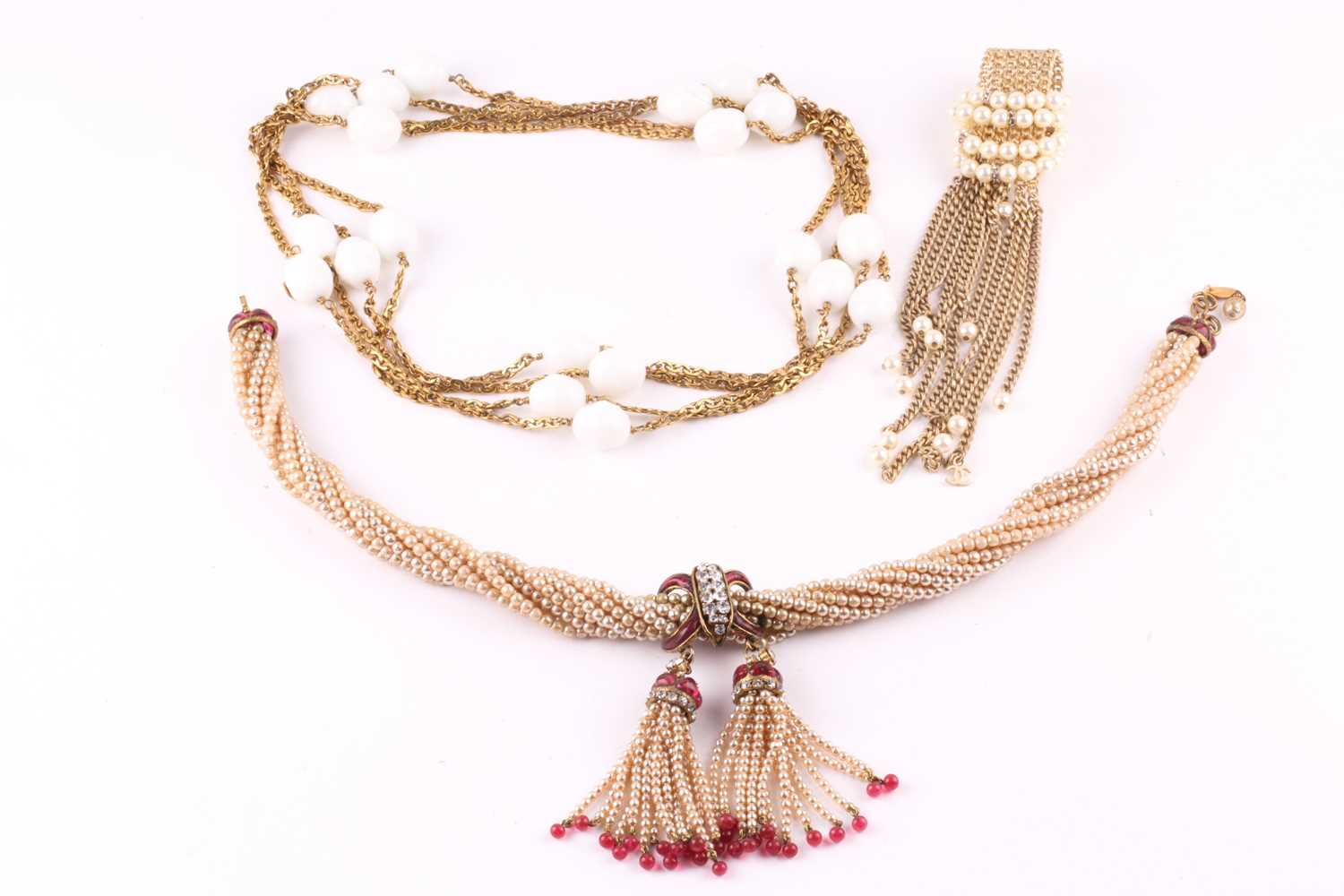 Lot 222 - A Chanel simulated pearl necklace, the twisted...