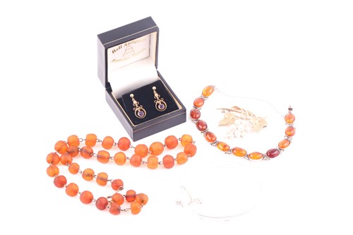 Lot 258 - A pair of amethyst and pearl earrings, an...