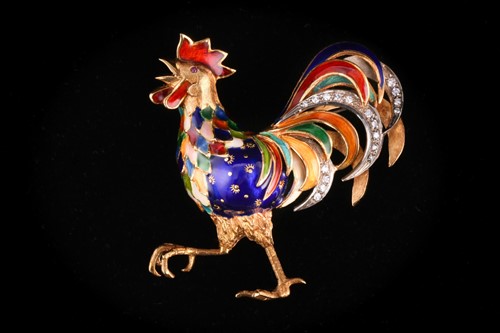 Lot 90 - An enamel and diamond Cockrell brooch, set...