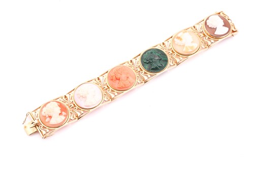 Lot 155 - A yellow metal stamped 14kt cameo bracelet,...