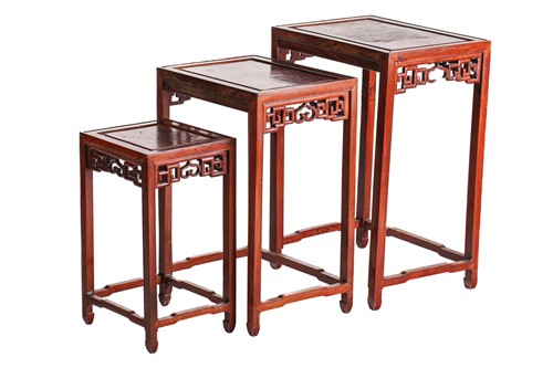 Lot 217 - A set of three Chinese hongmu and burr wood...
