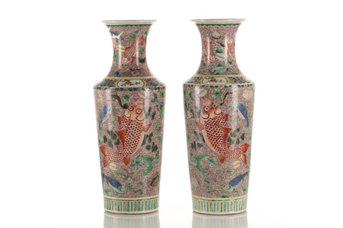 Lot 89 - A pair of Chinese famille verte vases, Qing,...