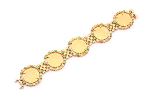 Lot 284 - A yellow metal, enamel and coin-set bracelet....