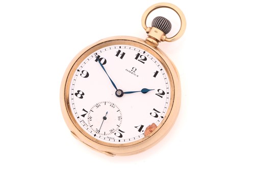 Lot 876 - An Omega 9ct yellow gold open face pocket...
