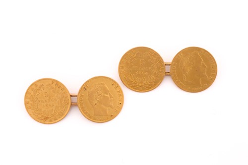 Lot 158 - A pair of Napoleon III 5 franc coin cufflinks;...