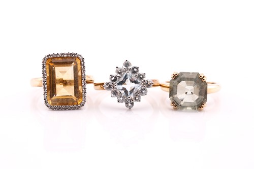 Lot 443 - Three 9ct gold stone set dress rings, ring...