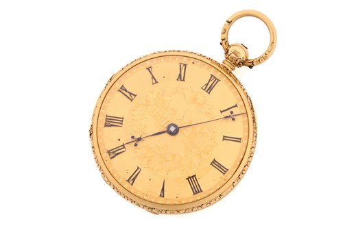 Lot 504 - An open face pocket watch with an 18ct gold...
