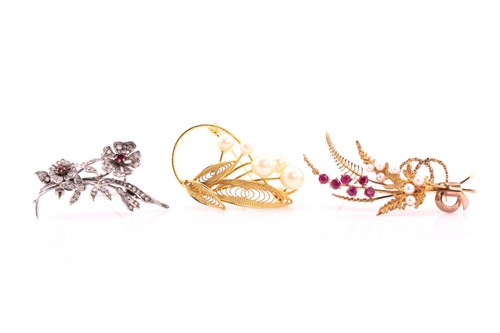 Lot 108 - Three floral spray brooches, early to mid 20th...