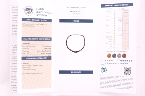 Lot 50 - A sapphire and ruby faceted bead necklace, the...
